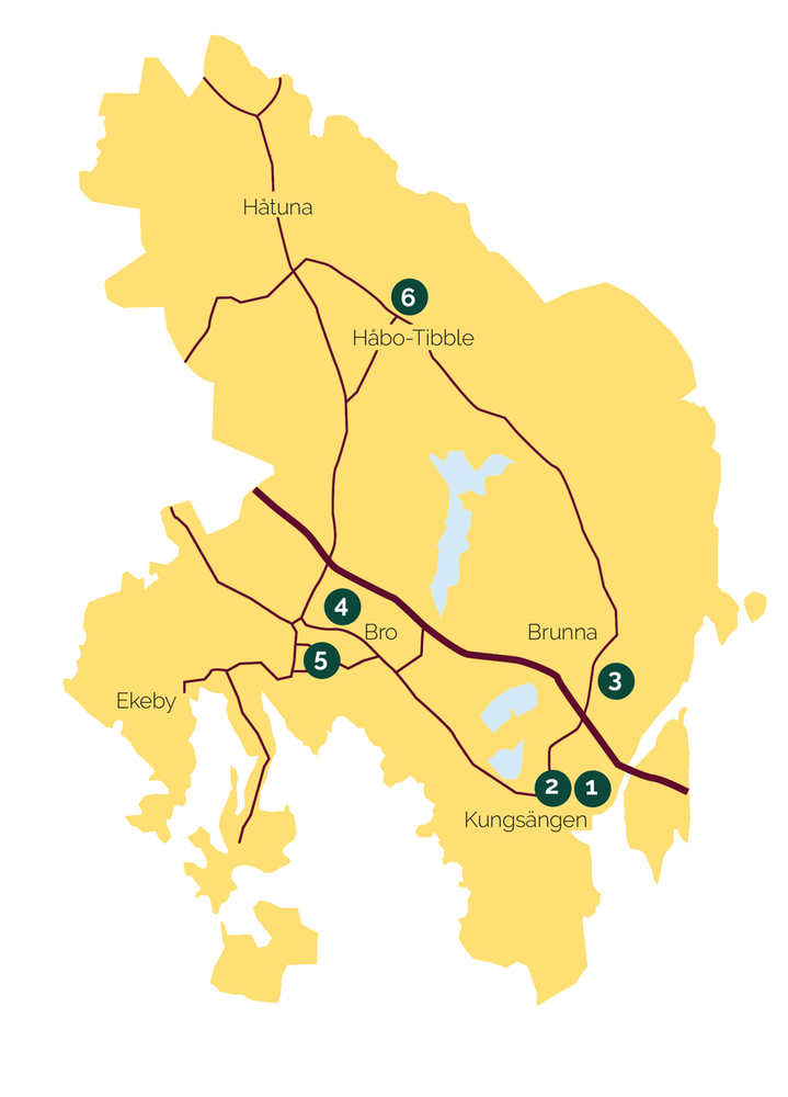 Illustrerad bild på en karta där man ser var trygghetspunkterna finns i kommunen