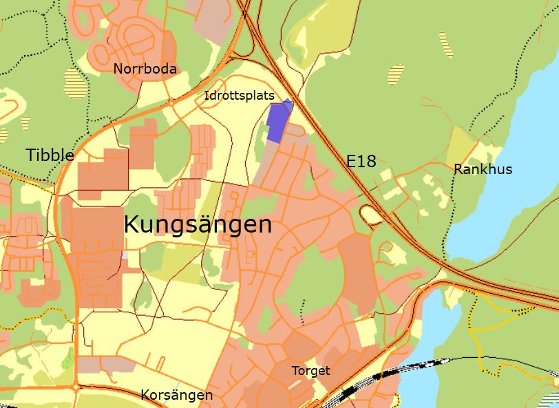 Karta över Kungsängen med detaljplanens läge på kartan markerat med blått