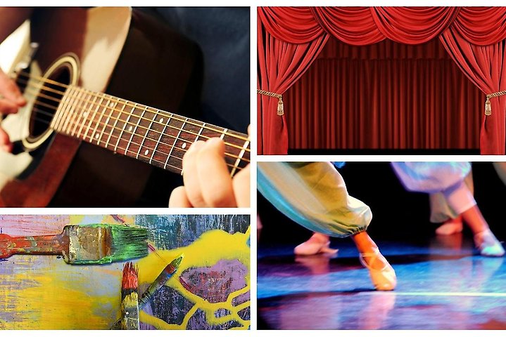 Kollage med gitarr, balett, teater, måleri.