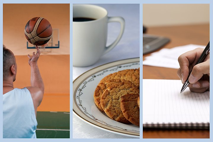 Kollage, tre bilder. Man med basketboll, kaffe och kaka, anteckningsblock och penna.