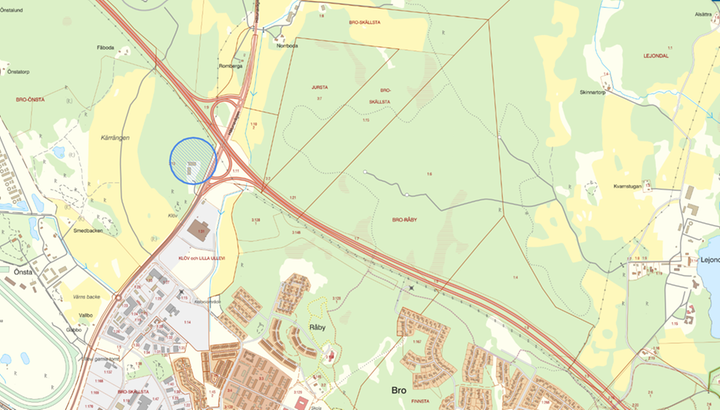 Planområdets läge på kartan markerat med blå cirkel
