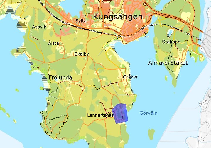 Karta över större område med programområdets läge på kartan markerat med blått