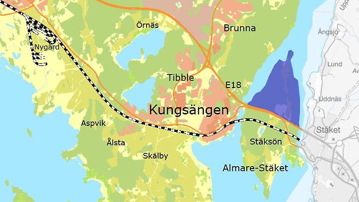 Karta över Kungsängen och omkringliggande områden med programområdets läge på kartan i blått